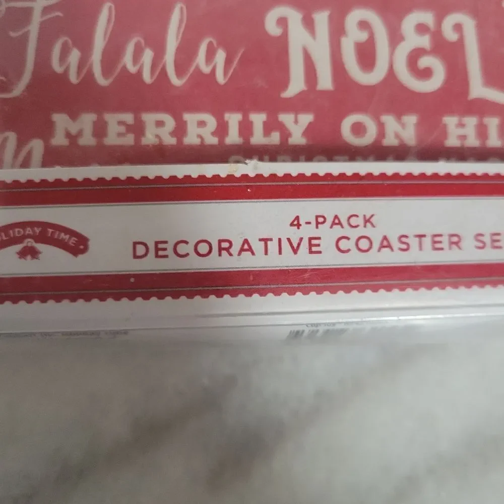 Holiday Time 4 Pack Decorative Christmas Square Ceramic Crock Coaster Set NEW